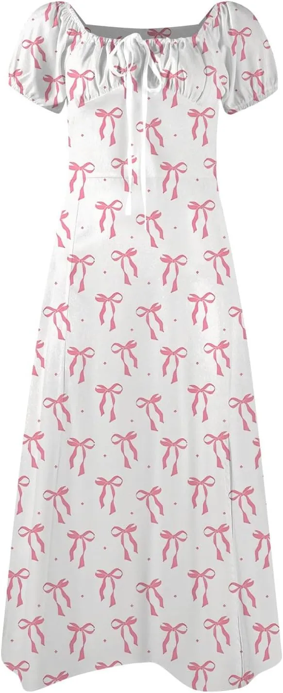 Women's Floral Print Puff Sleeve Square Neck Dress Casual Trendy Summer Boho Short Sleeve Split Midi Dresses