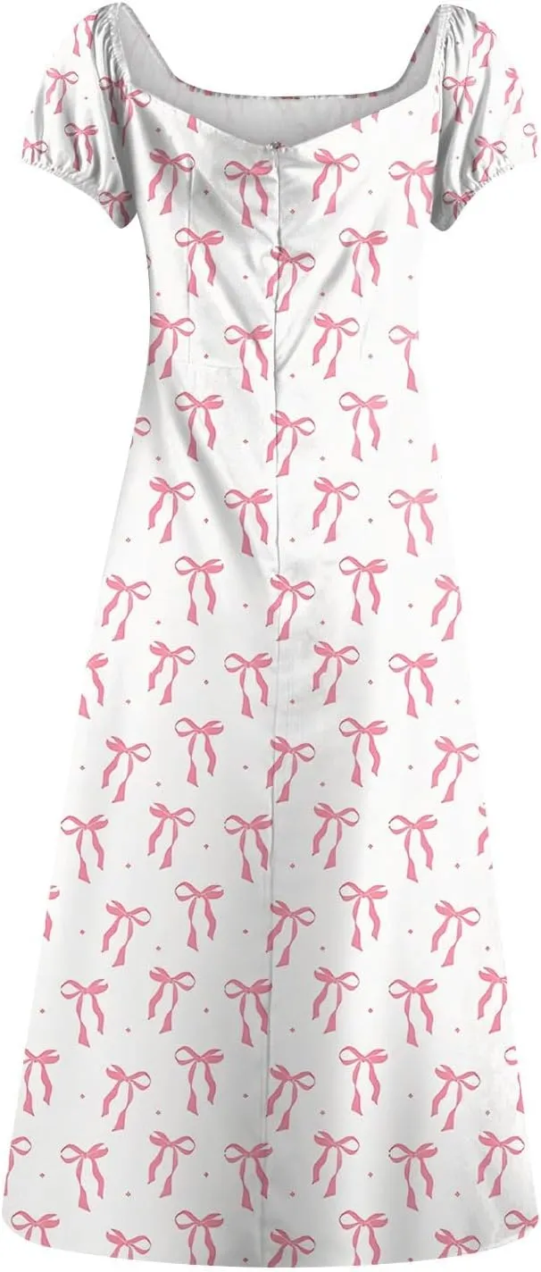 Women's Floral Print Puff Sleeve Square Neck Dress Casual Trendy Summer Boho Short Sleeve Split Midi Dresses