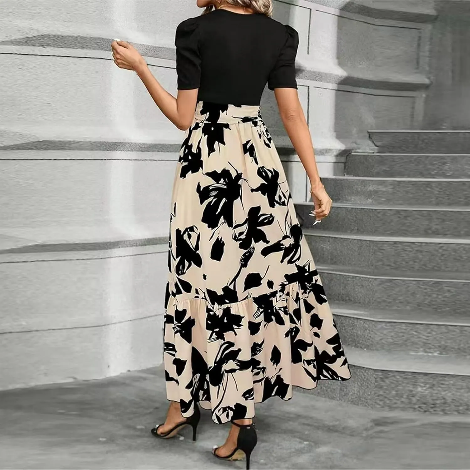 Women's Floral Printed Ruffle Short Sleeve Maxi Dress Casual Long Flowy Dresses 2025 Summer Dresses with Pockets