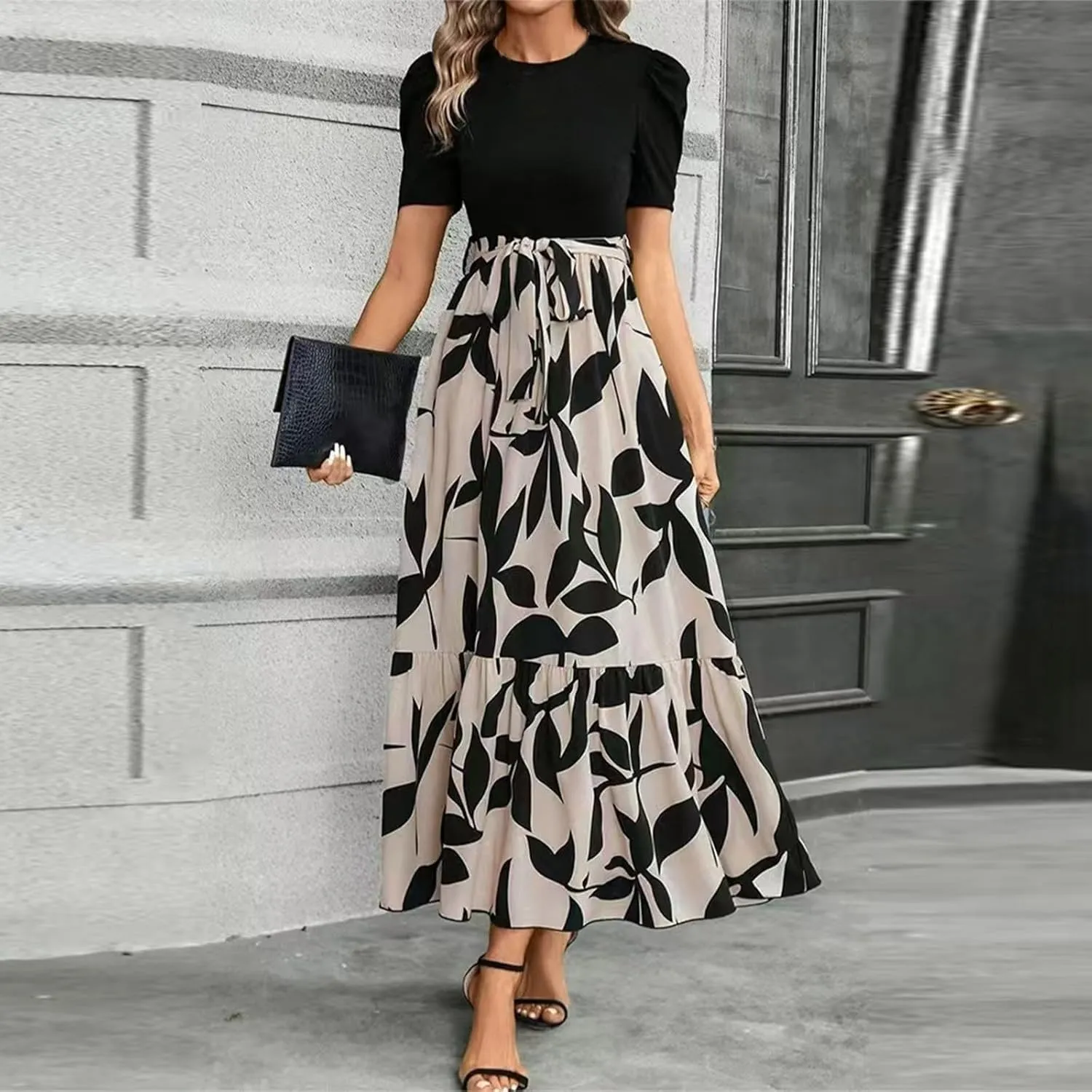 Women's Floral Printed Ruffle Short Sleeve Maxi Dress Casual Long Flowy Dresses 2025 Summer Dresses with Pockets