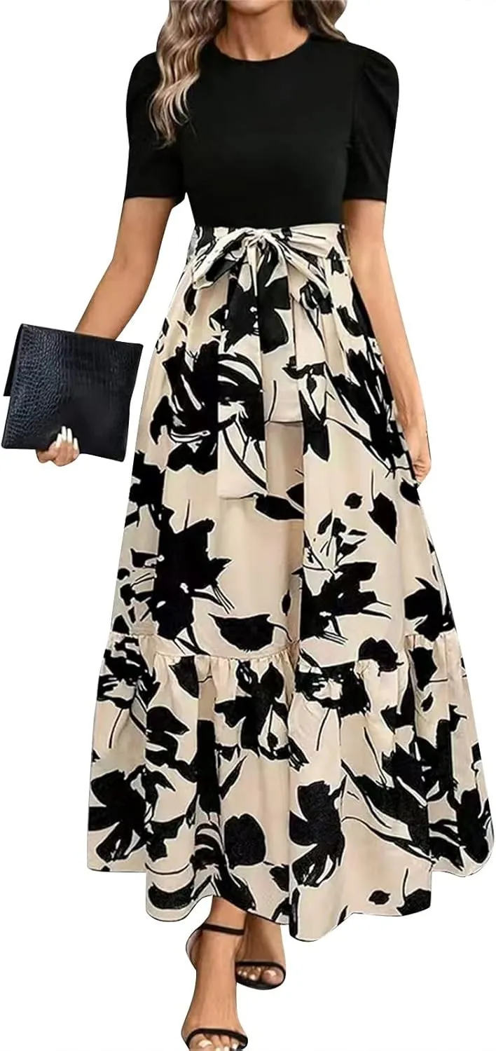 Women's Floral Printed Ruffle Short Sleeve Maxi Dress Casual Long Flowy Dresses 2025 Summer Dresses with Pockets
