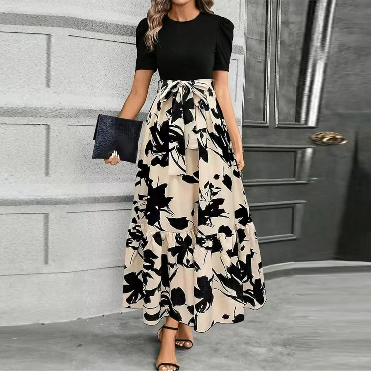 Women's Floral Printed Ruffle Short Sleeve Maxi Dress Casual Long Flowy Dresses 2025 Summer Dresses with Pockets