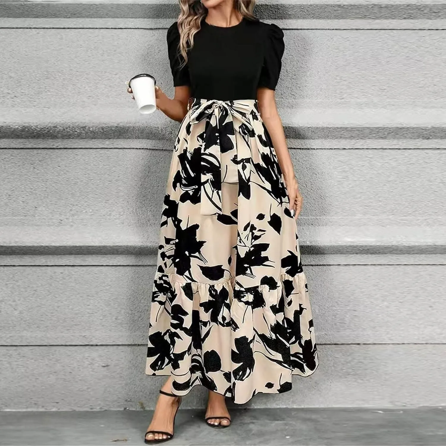 Women's Floral Printed Ruffle Short Sleeve Maxi Dress Casual Long Flowy Dresses 2025 Summer Dresses with Pockets