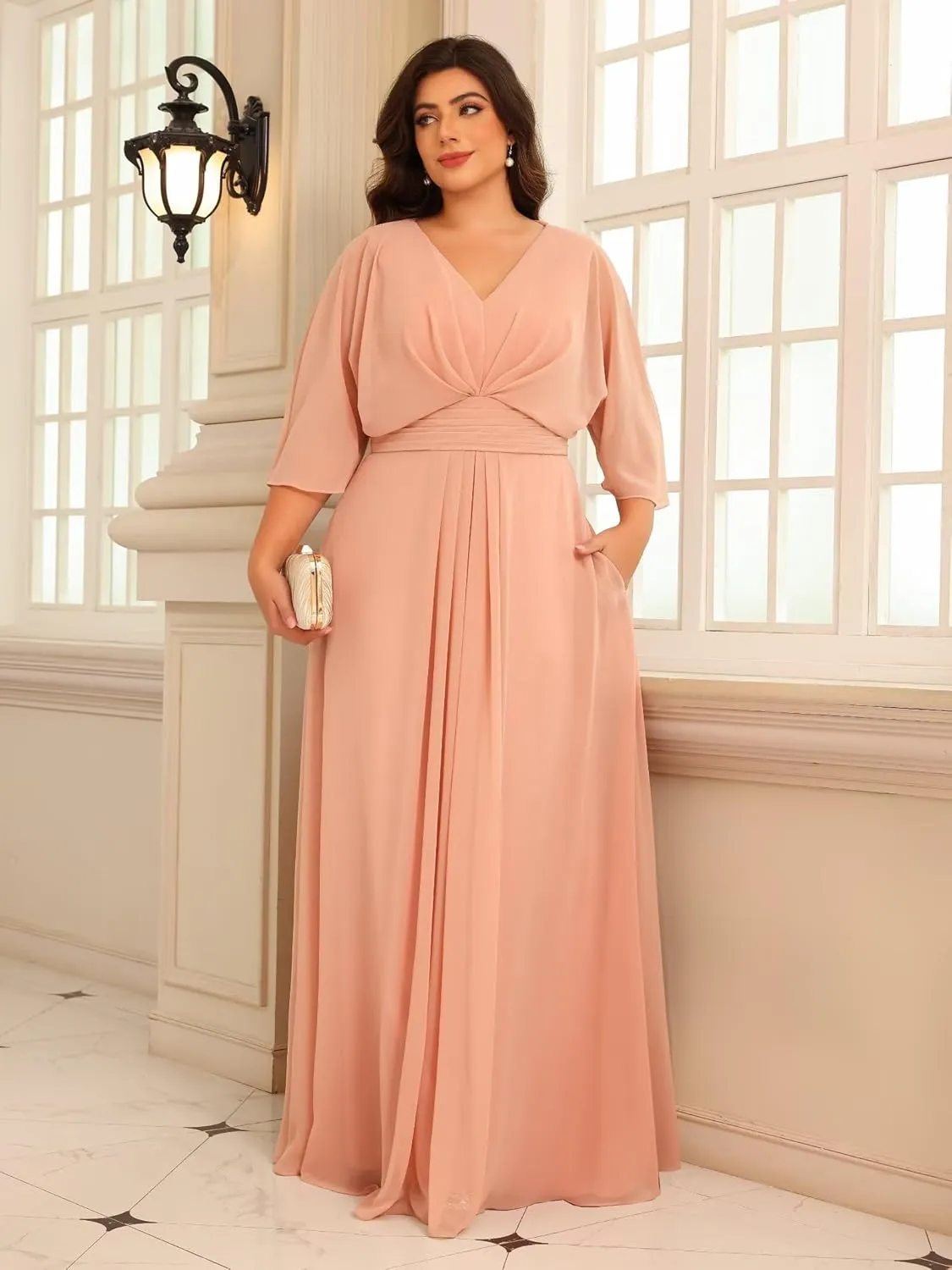 Women's Flutter Sleeves Mother of The Bride Dresses with Pockets Chiffon Long V Neck Formal Party Evening Dress RO295
