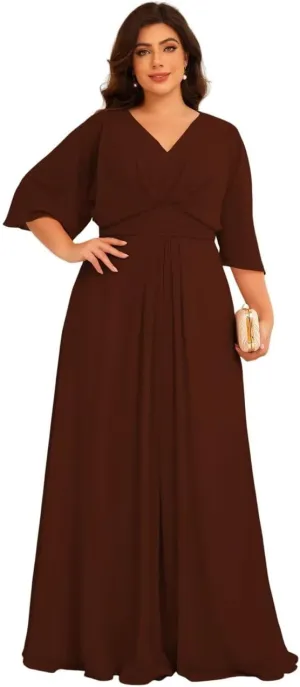Women's Flutter Sleeves Mother of The Bride Dresses with Pockets Chiffon Long V Neck Formal Party Evening Dress RO295