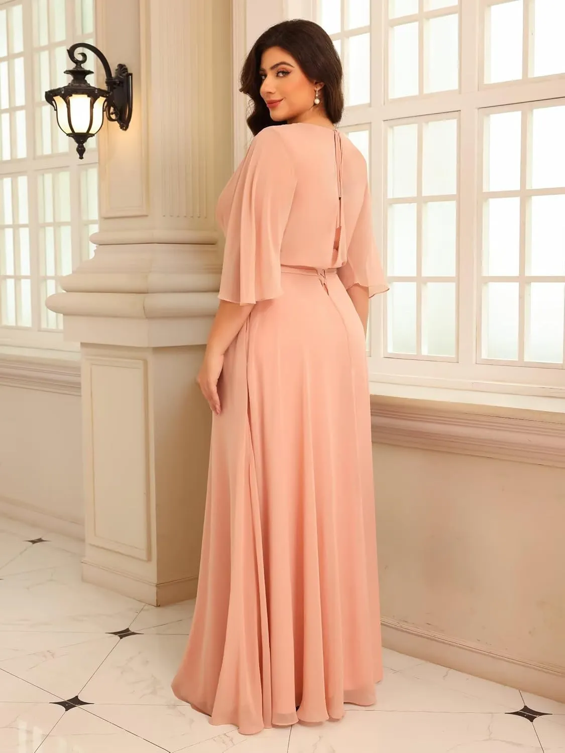 Women's Flutter Sleeves Mother of The Bride Dresses with Pockets Chiffon Long V Neck Formal Party Evening Dress RO295