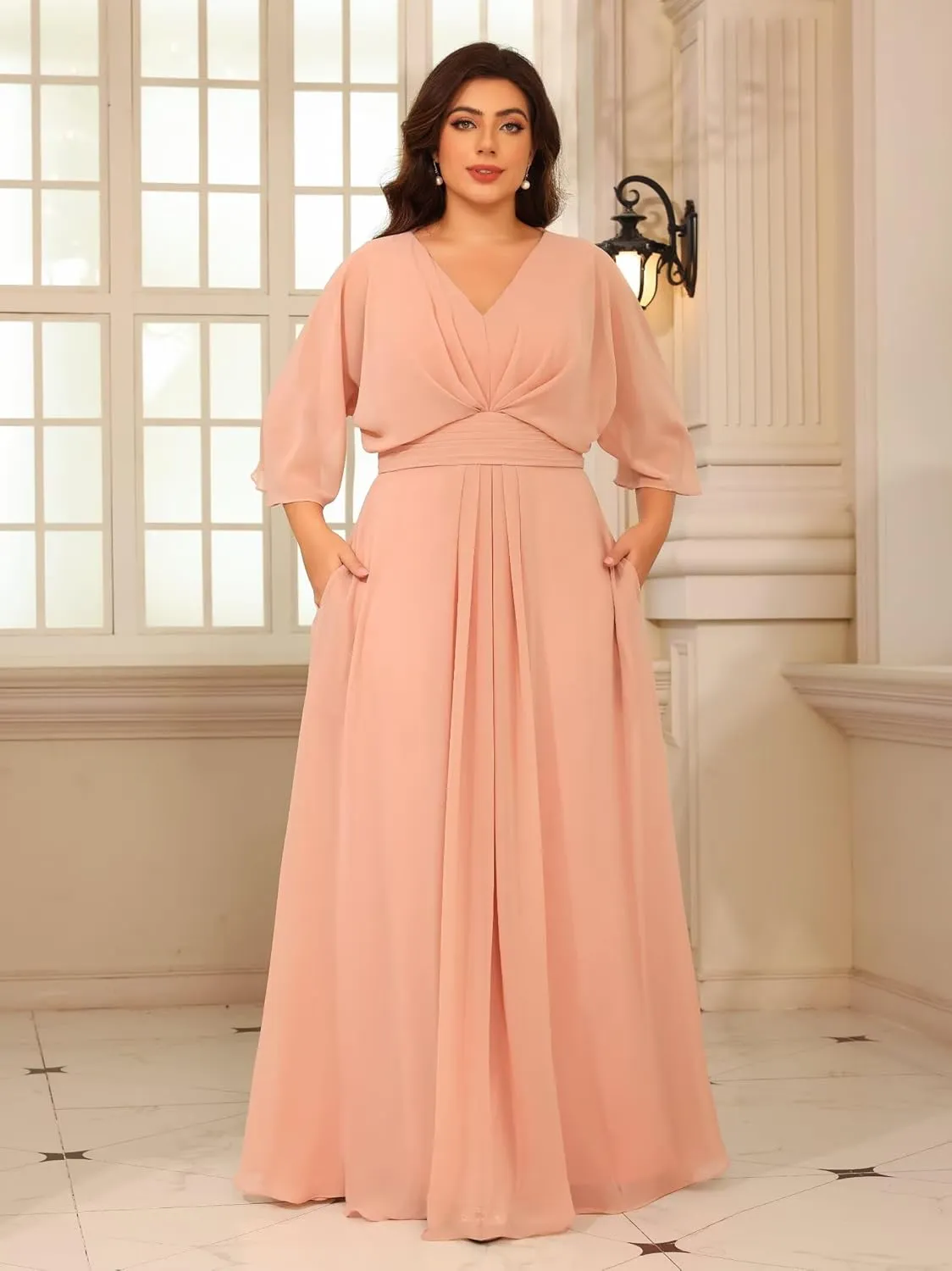 Women's Flutter Sleeves Mother of The Bride Dresses with Pockets Chiffon Long V Neck Formal Party Evening Dress RO295