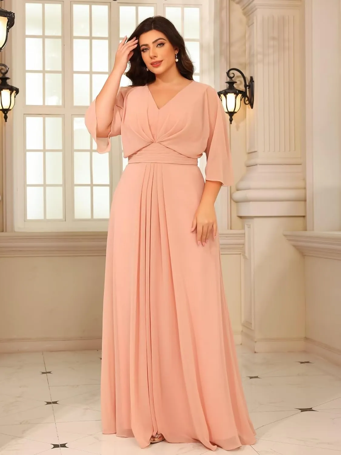 Women's Flutter Sleeves Mother of The Bride Dresses with Pockets Chiffon Long V Neck Formal Party Evening Dress RO295