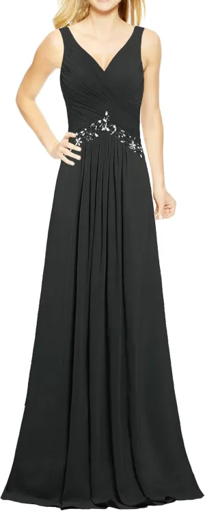 Women's Formal V Neck Sleeveless Long Evening Prom Dresses Gowns