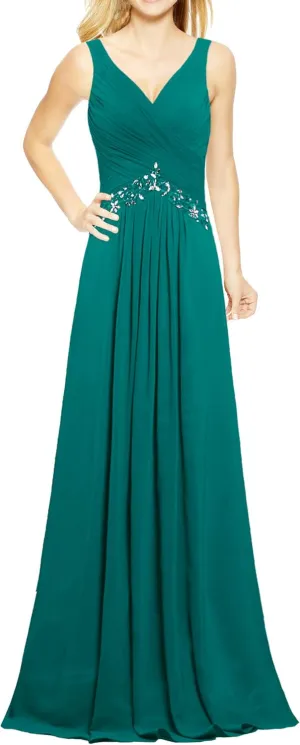 Women's Formal V Neck Sleeveless Long Evening Prom Dresses Gowns