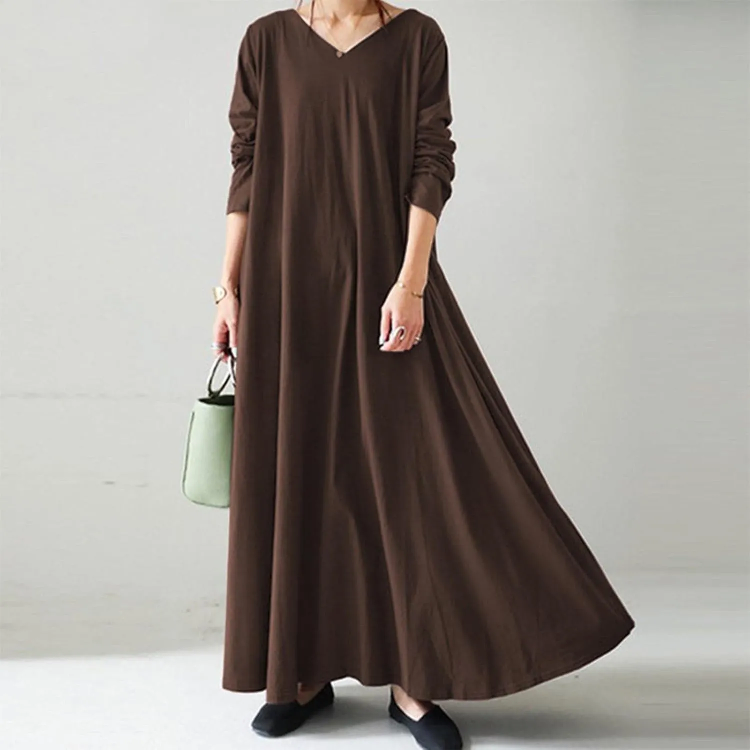 Women's Long Dresses Fall Plus Size V-Neck Pleated A Line High Low Dress Long Sleeve Lightweight Flowy Maxi Dresses