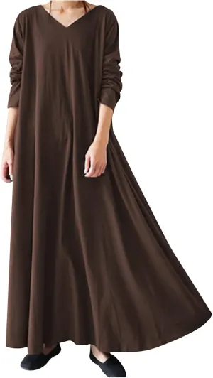Women's Long Dresses Fall Plus Size V-Neck Pleated A Line High Low Dress Long Sleeve Lightweight Flowy Maxi Dresses