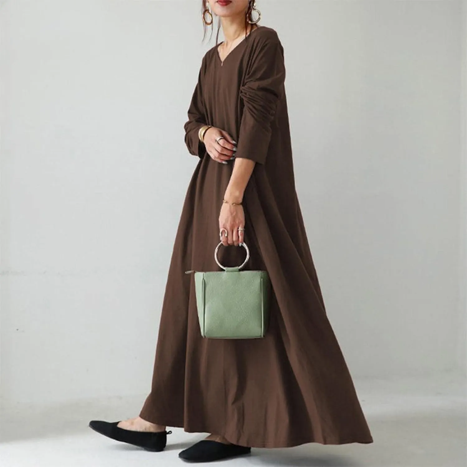 Women's Long Dresses Fall Plus Size V-Neck Pleated A Line High Low Dress Long Sleeve Lightweight Flowy Maxi Dresses