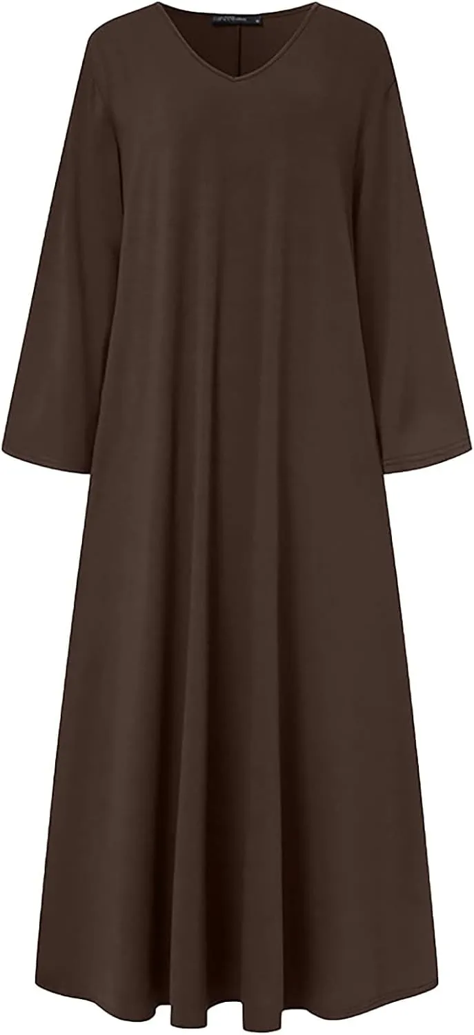 Women's Long Dresses Fall Plus Size V-Neck Pleated A Line High Low Dress Long Sleeve Lightweight Flowy Maxi Dresses