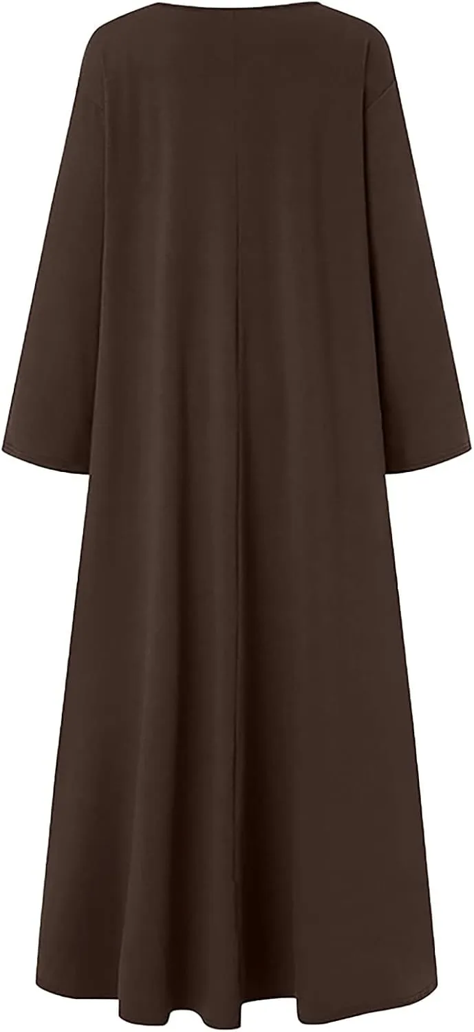 Women's Long Dresses Fall Plus Size V-Neck Pleated A Line High Low Dress Long Sleeve Lightweight Flowy Maxi Dresses