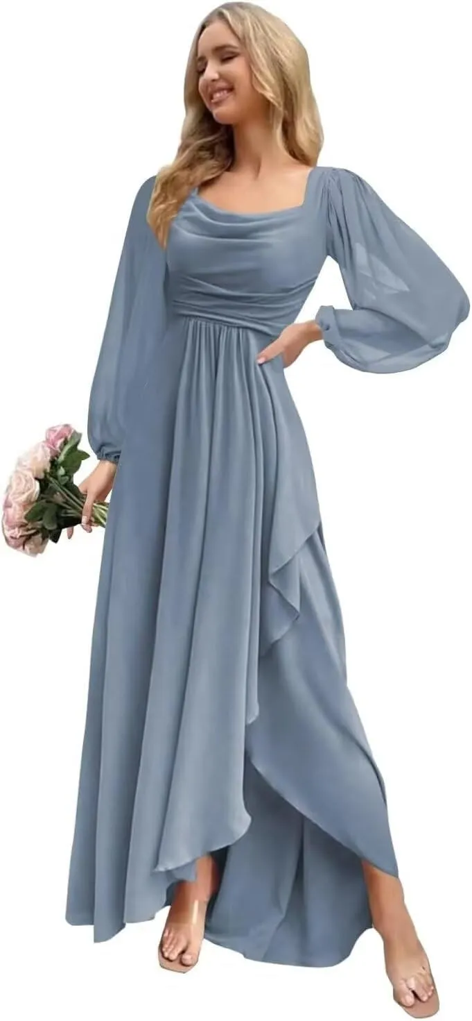 Women's Long Sleeve Bridesmaid Dresses with Slit Flowy Chiffon Cowl Neck Wedding Guest Dress A Line Maxi Dress PU211
