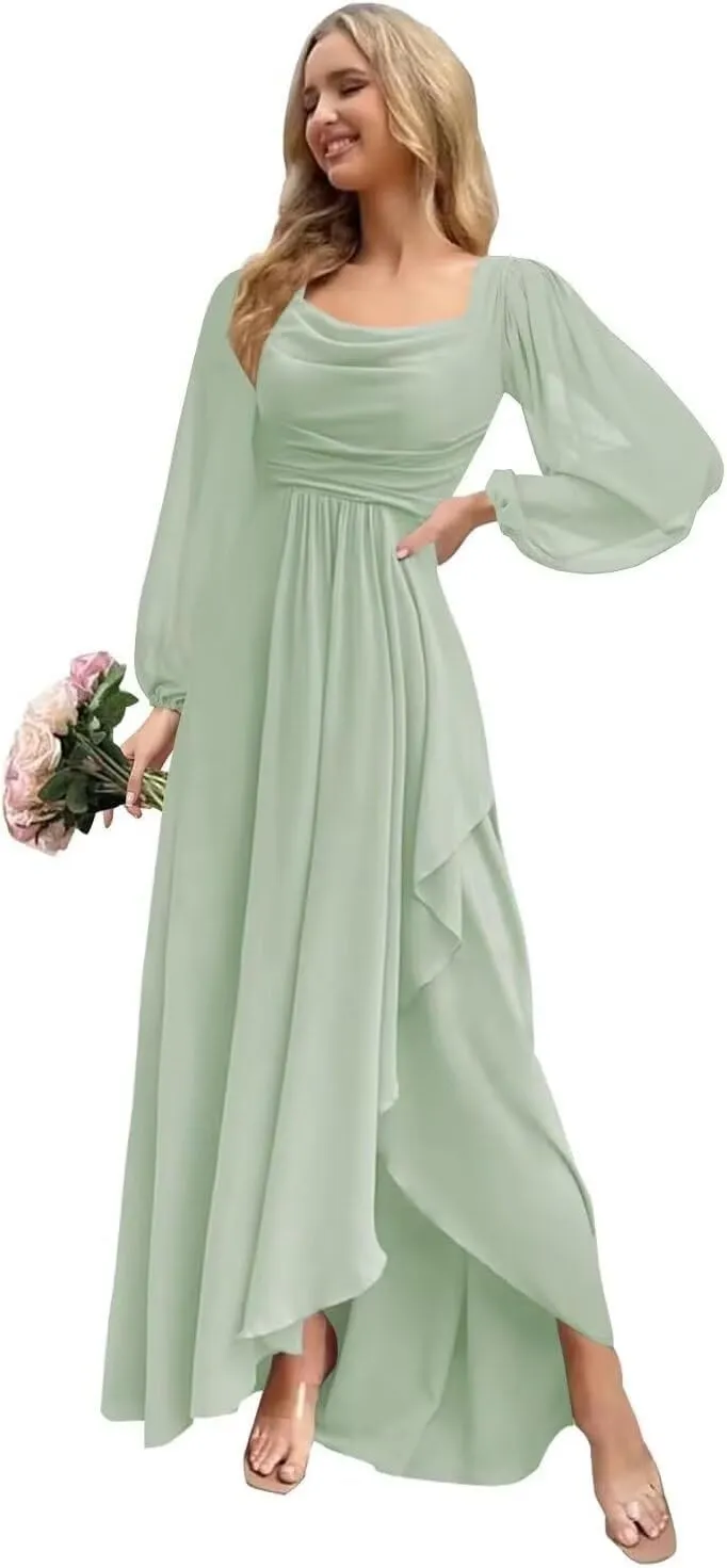Women's Long Sleeve Bridesmaid Dresses with Slit Flowy Chiffon Cowl Neck Wedding Guest Dress A Line Maxi Dress PU211