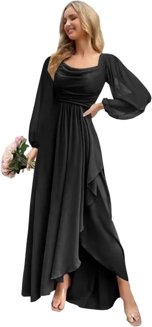 Women's Long Sleeve Bridesmaid Dresses with Slit Flowy Chiffon Cowl Neck Wedding Guest Dress A Line Maxi Dress PU211