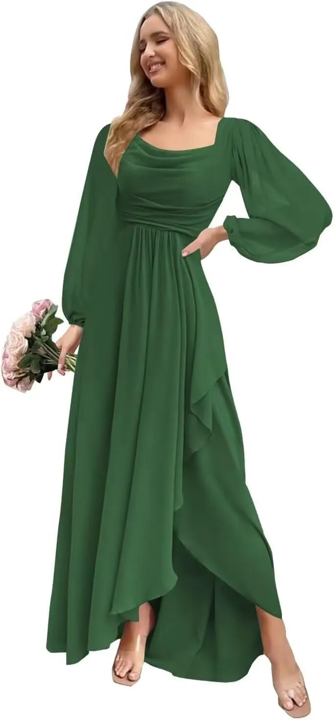 Women's Long Sleeve Bridesmaid Dresses with Slit Flowy Chiffon Cowl Neck Wedding Guest Dress A Line Maxi Dress PU211