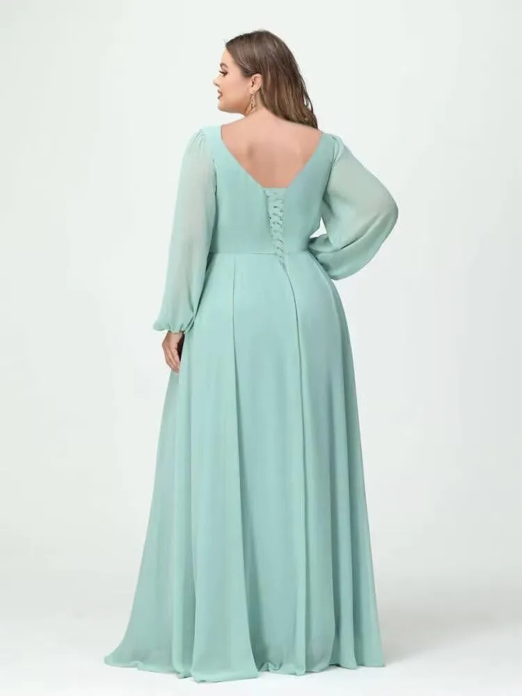 Women's Long Sleeve Bridesmaid Dresses with Slit Flowy Chiffon Cowl Neck Wedding Guest Dress A Line Maxi Dress PU211