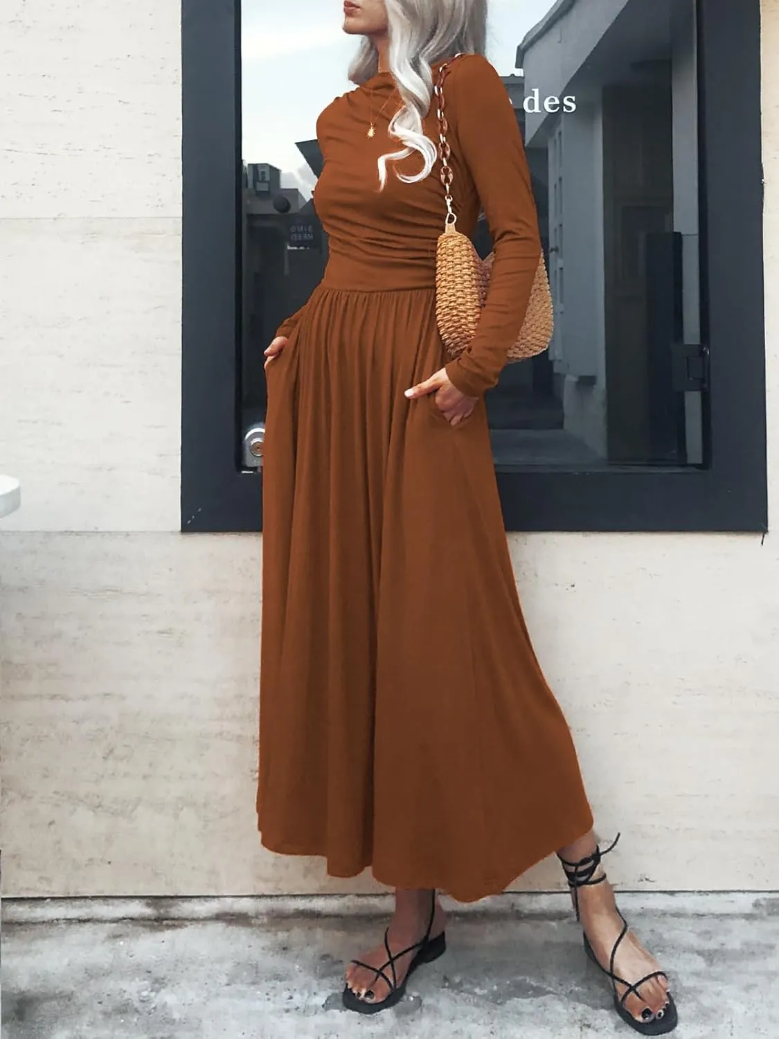 Women's Long Sleeve Maxi Dress 2024 Fall Crewneck Knit Plain Empire Waist Casual Slim Pleated Dresses with Pockets