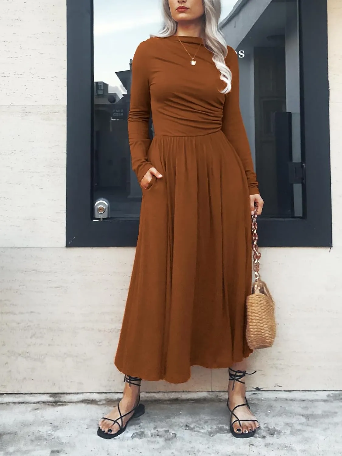 Women's Long Sleeve Maxi Dress 2024 Fall Crewneck Knit Plain Empire Waist Casual Slim Pleated Dresses with Pockets
