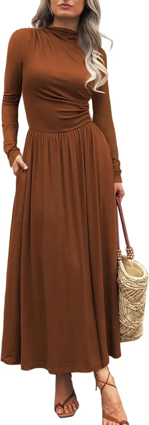 Women's Long Sleeve Maxi Dress 2024 Fall Crewneck Knit Plain Empire Waist Casual Slim Pleated Dresses with Pockets
