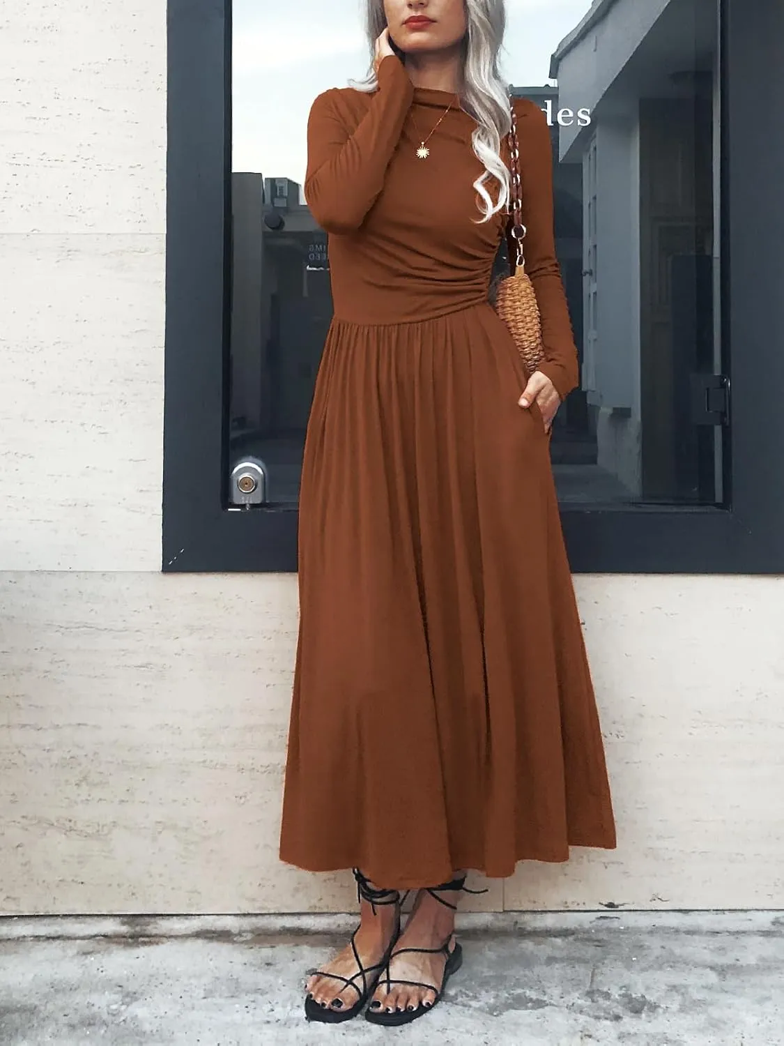 Women's Long Sleeve Maxi Dress 2024 Fall Crewneck Knit Plain Empire Waist Casual Slim Pleated Dresses with Pockets