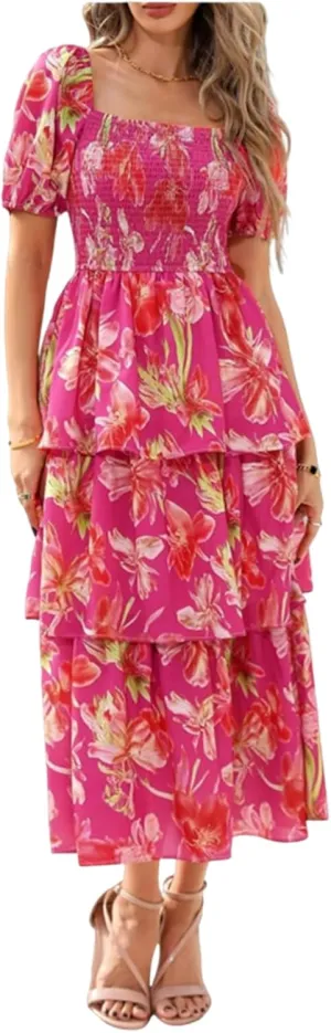 Womens Maxi Dresses Summer Square Neck Dressy Short Sleeve Trendy Beach Belted Long Dresses