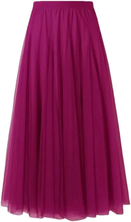 Women's Mesh Pleated Skirt Stretch High Waist Tulle Skirt A-Line Casual Beach Midi Skirts
