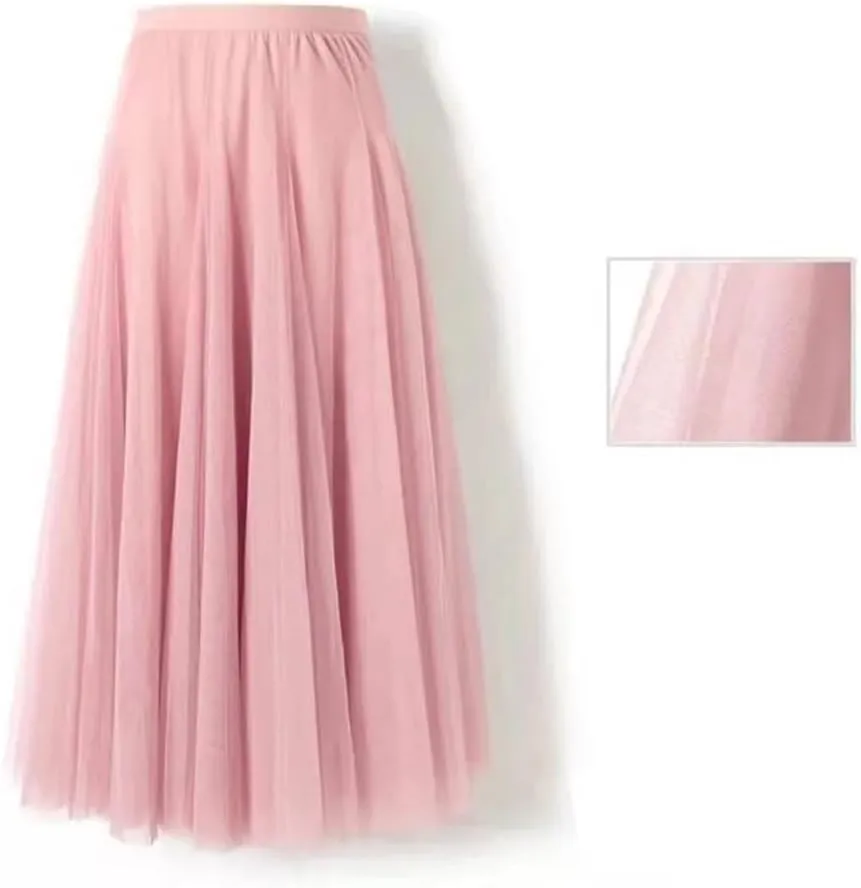 Women's Mesh Pleated Skirt Stretch High Waist Tulle Skirt A-Line Casual Beach Midi Skirts
