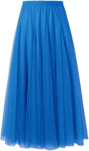 Women's Mesh Pleated Skirt Stretch High Waist Tulle Skirt A-Line Casual Beach Midi Skirts