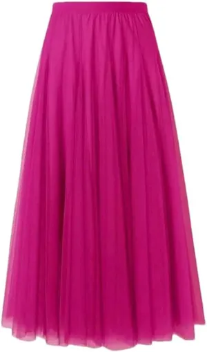 Women's Mesh Pleated Skirt Stretch High Waist Tulle Skirt A-Line Casual Beach Midi Skirts