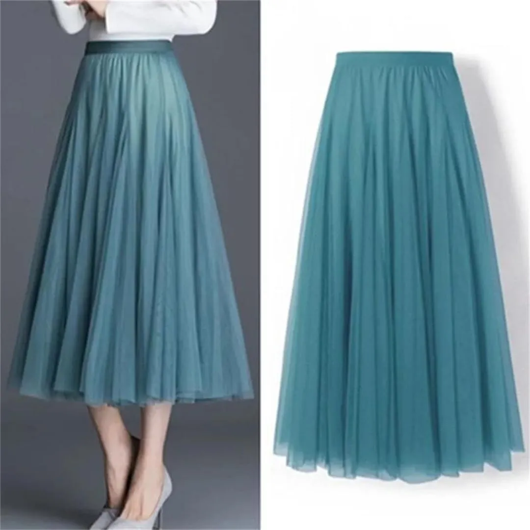 Women's Mesh Pleated Skirt Stretch High Waist Tulle Skirt A-Line Casual Beach Midi Skirts