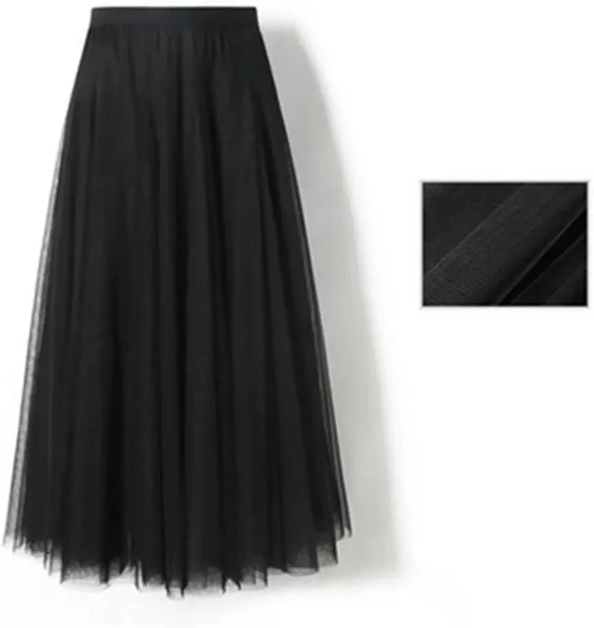 Women's Mesh Pleated Skirt Stretch High Waist Tulle Skirt A-Line Casual Beach Midi Skirts