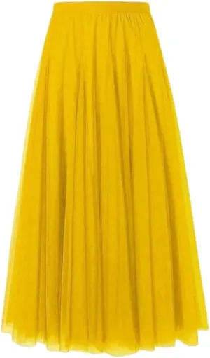 Women's Mesh Pleated Skirt Stretch High Waist Tulle Skirt A-Line Casual Beach Midi Skirts
