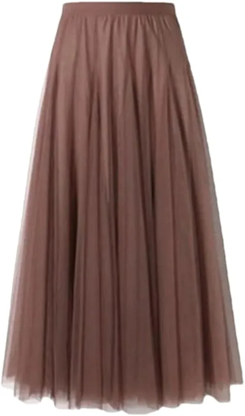 Women's Mesh Pleated Skirt Stretch High Waist Tulle Skirt A-Line Casual Beach Midi Skirts