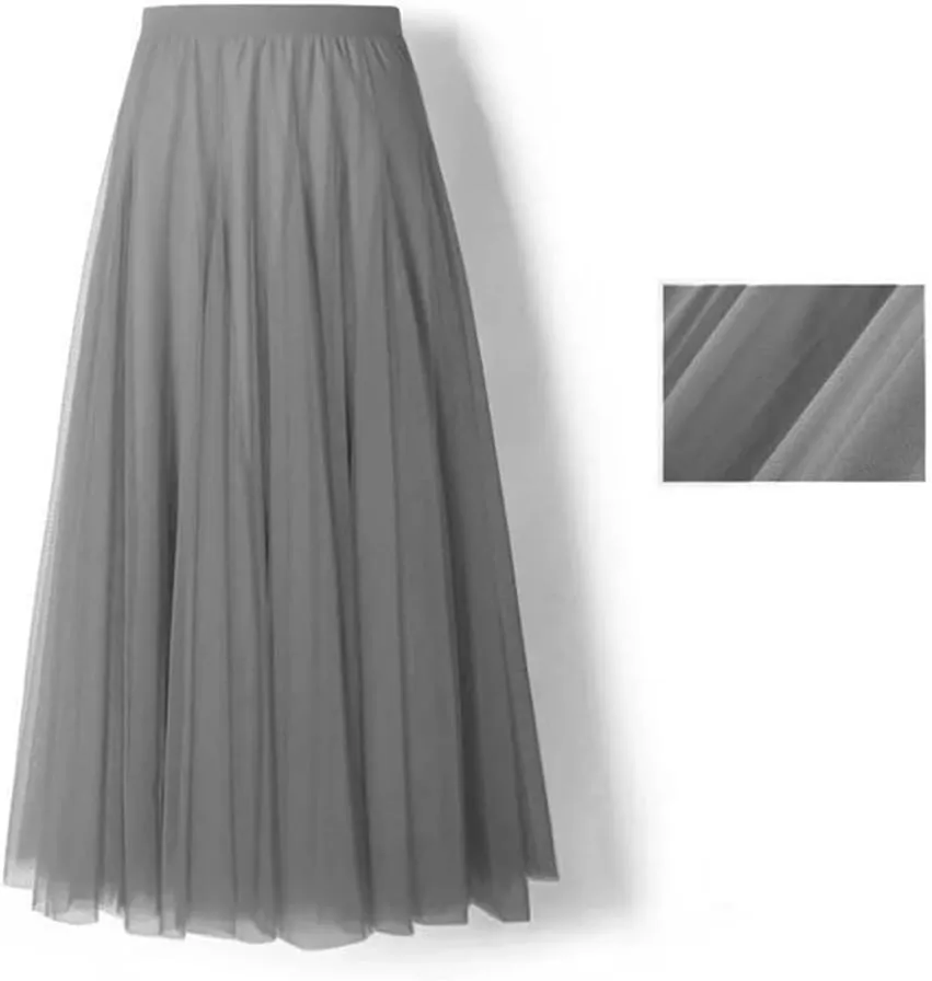 Women's Mesh Pleated Skirt Stretch High Waist Tulle Skirt A-Line Casual Beach Midi Skirts