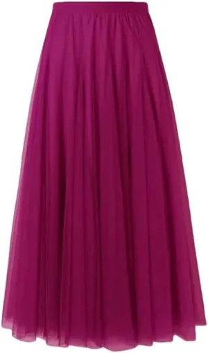 Women's Mesh Pleated Skirt Stretch High Waist Tulle Skirt A-Line Casual Beach Midi Skirts