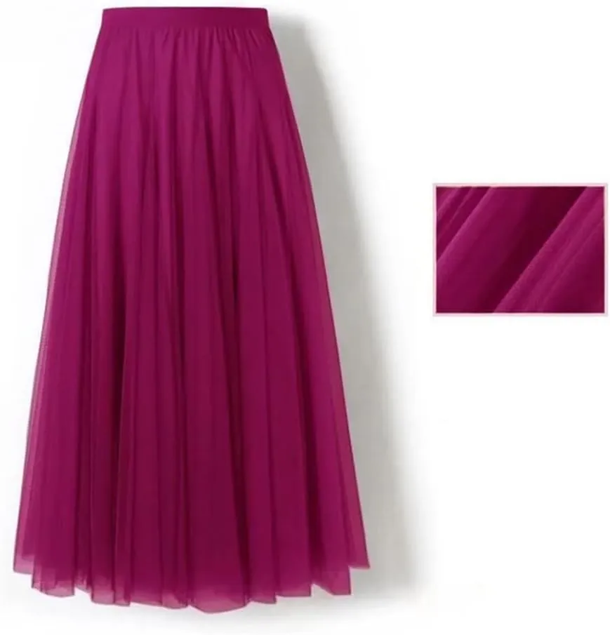 Women's Mesh Pleated Skirt Stretch High Waist Tulle Skirt A-Line Casual Beach Midi Skirts