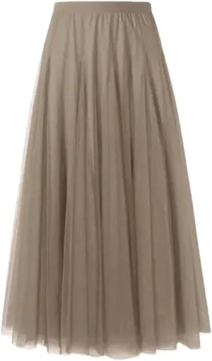 Women's Mesh Pleated Skirt Stretch High Waist Tulle Skirt A-Line Casual Beach Midi Skirts