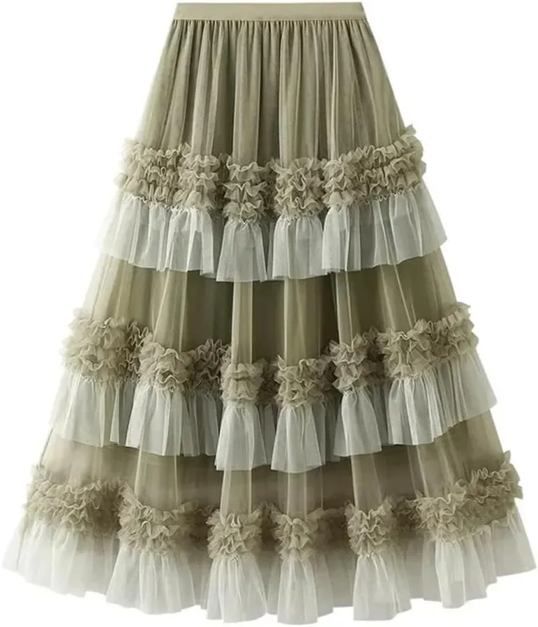 Women's Mesh Skirt Lace Pleated Cake Skirt Elastic High Waist A-Line Solid Color Midi Skirts