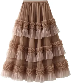 Women's Mesh Skirt Lace Pleated Cake Skirt Elastic High Waist A-Line Solid Color Midi Skirts