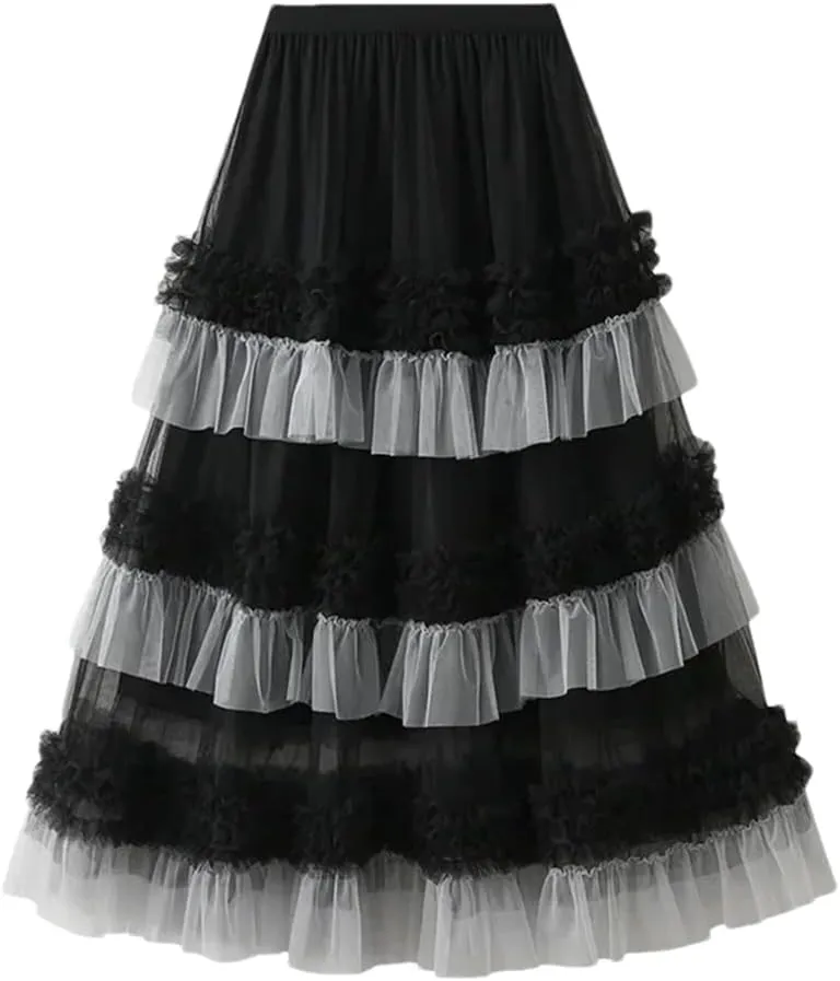 Women's Mesh Skirt Lace Pleated Cake Skirt Elastic High Waist A-Line Solid Color Midi Skirts