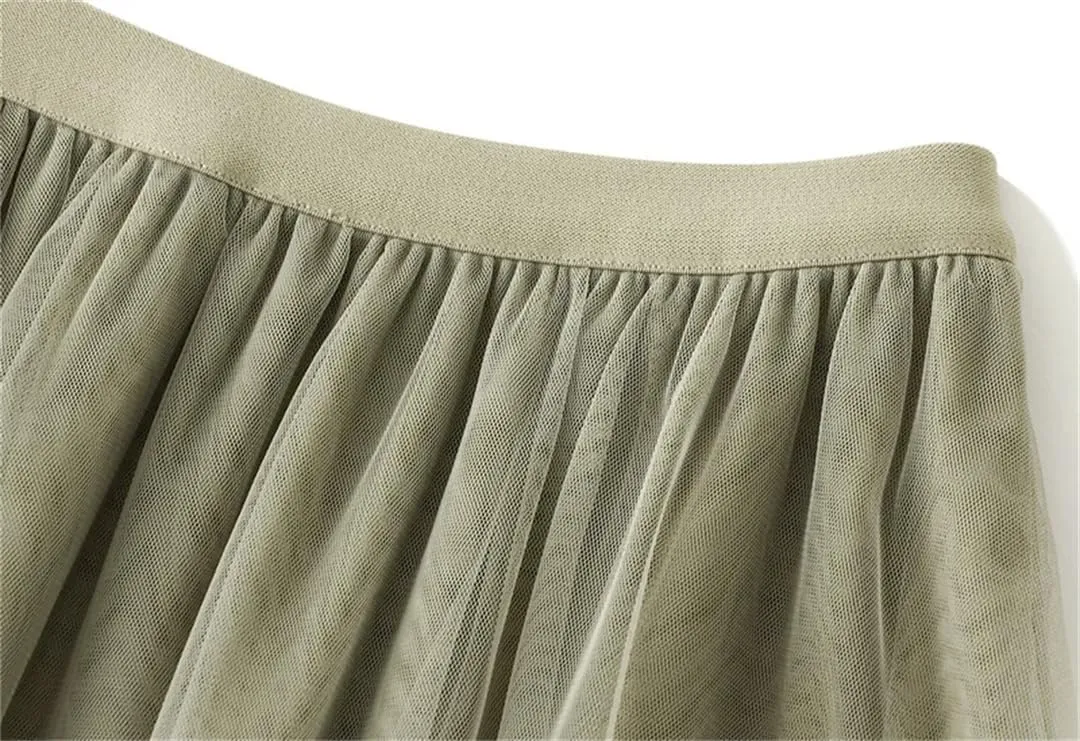 Women's Mesh Skirt Lace Pleated Cake Skirt Elastic High Waist A-Line Solid Color Midi Skirts