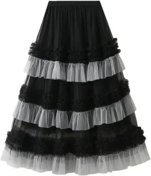 Women's Mesh Skirt Lace Pleated Cake Skirt Elastic High Waist A-Line Solid Color Midi Skirts
