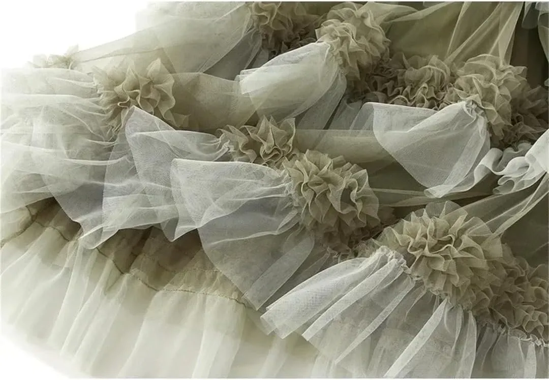 Women's Mesh Skirt Lace Pleated Cake Skirt Elastic High Waist A-Line Solid Color Midi Skirts