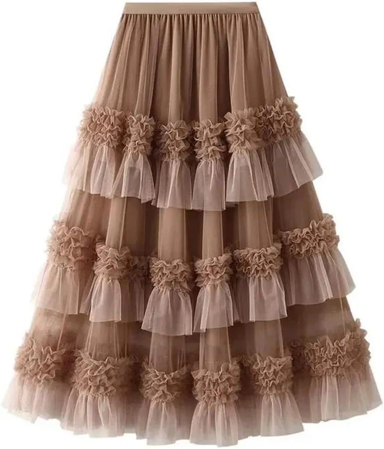 Women's Mesh Skirt Lace Pleated Cake Skirt Elastic High Waist A-Line Solid Color Midi Skirts