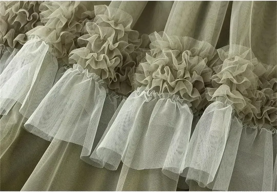 Women's Mesh Skirt Lace Pleated Cake Skirt Elastic High Waist A-Line Solid Color Midi Skirts