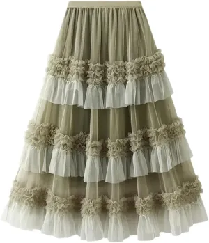 Women's Mesh Skirt Lace Pleated Cake Skirt Elastic High Waist A-Line Solid Color Midi Skirts